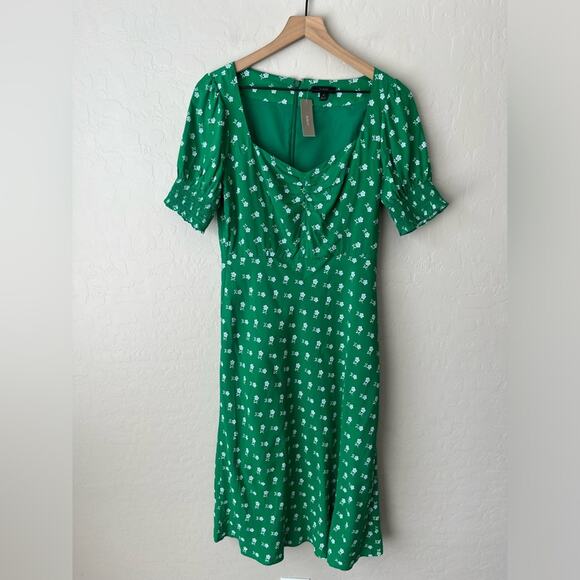 J Crew Puff-sleeve midi dress floral print green 4 NEW - Picture 11 of 11
